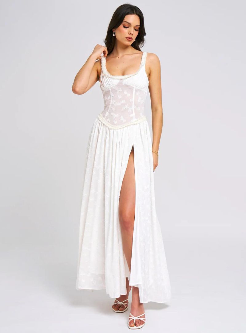 Louisa | Ethereal Floral Ruched Maxi Dress with High Slit