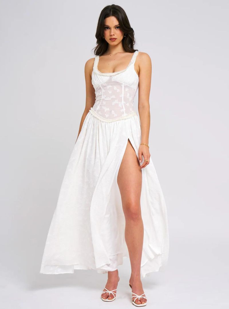 Louisa | Ethereal Floral Ruched Maxi Dress with High Slit