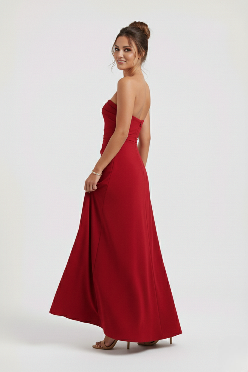 Meadow | Strapless Ruched Crepe Thigh-High Split Maxi Dress