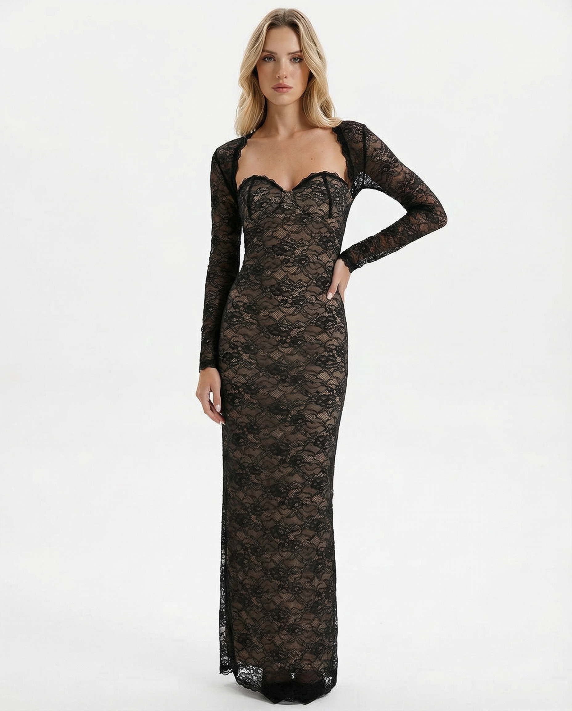 Catrine | Sheer Floral Lace Corset Maxi Dress with Detachable Sleeves
