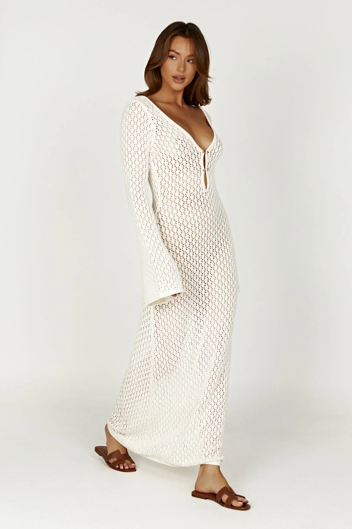 Kelsey | Breezy Flared Sleeve Open-Knit Maxi Dress