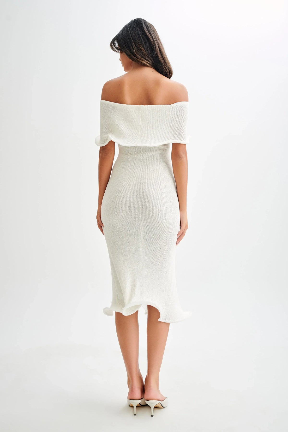 Melania | Textured Knit Ruffle Trim Off-The-Shoulder Midi Dress