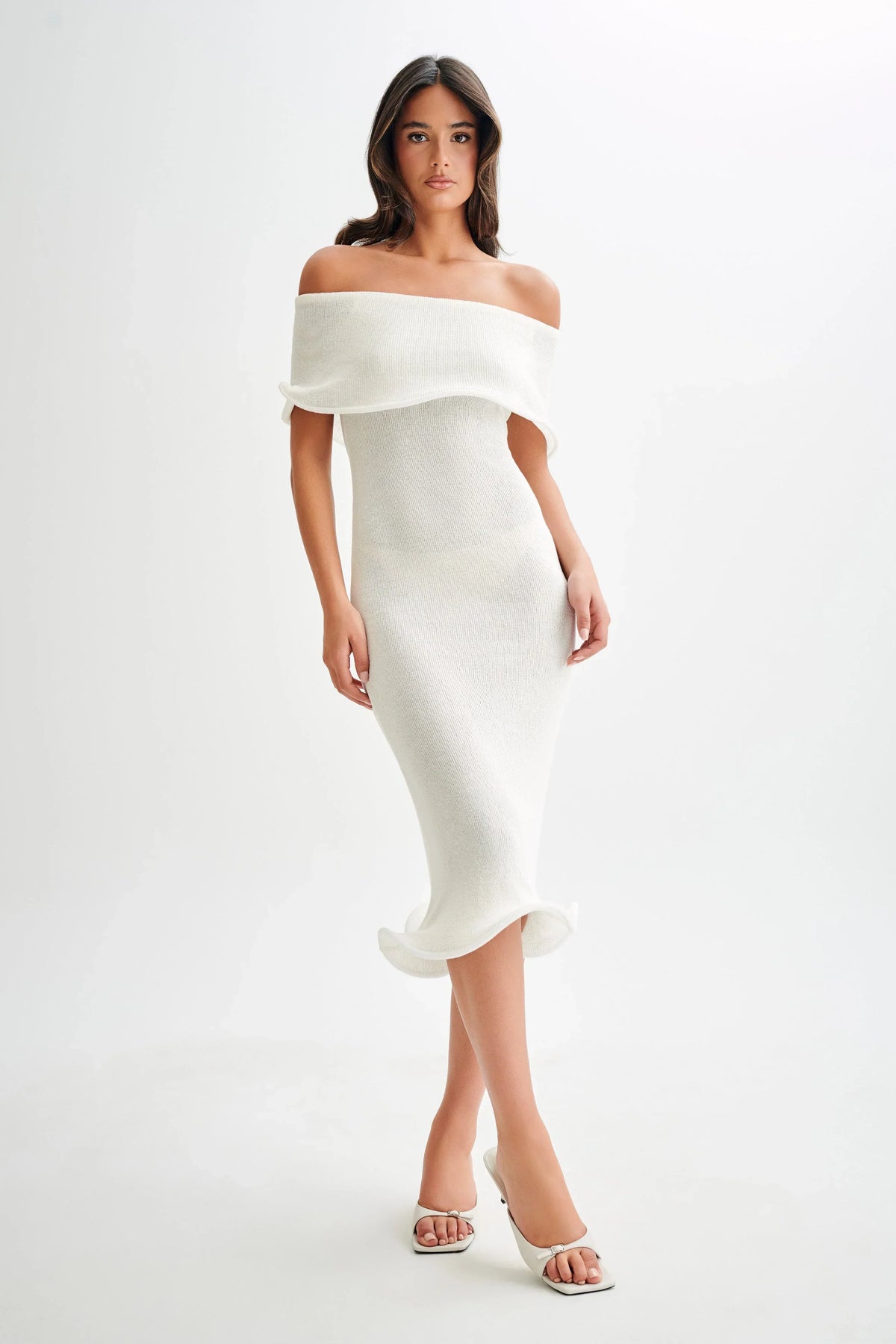 Melania | Textured Knit Ruffle Trim Off-The-Shoulder Midi Dress