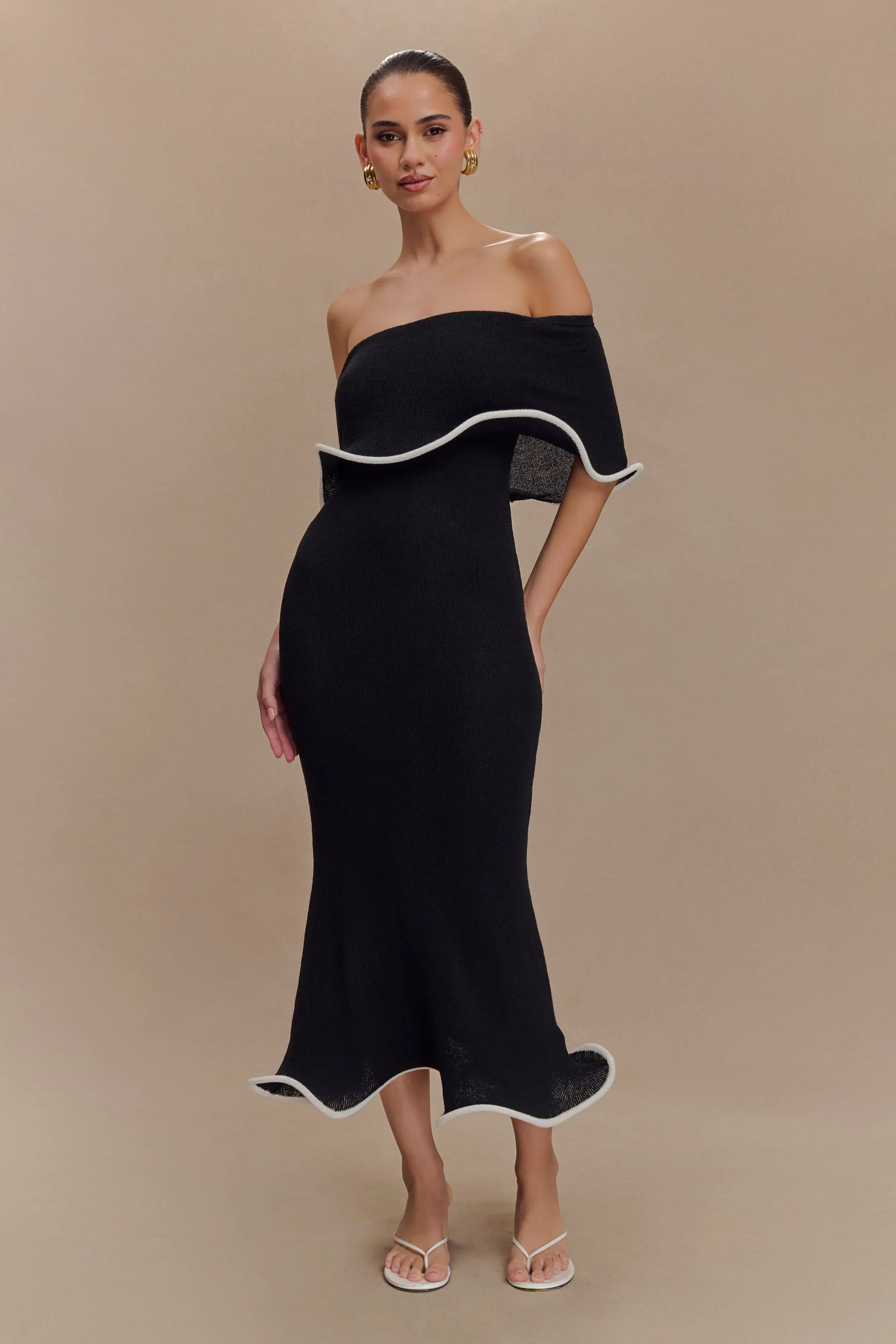 Melania | Textured Knit Ruffle Trim Off-The-Shoulder Midi Dress