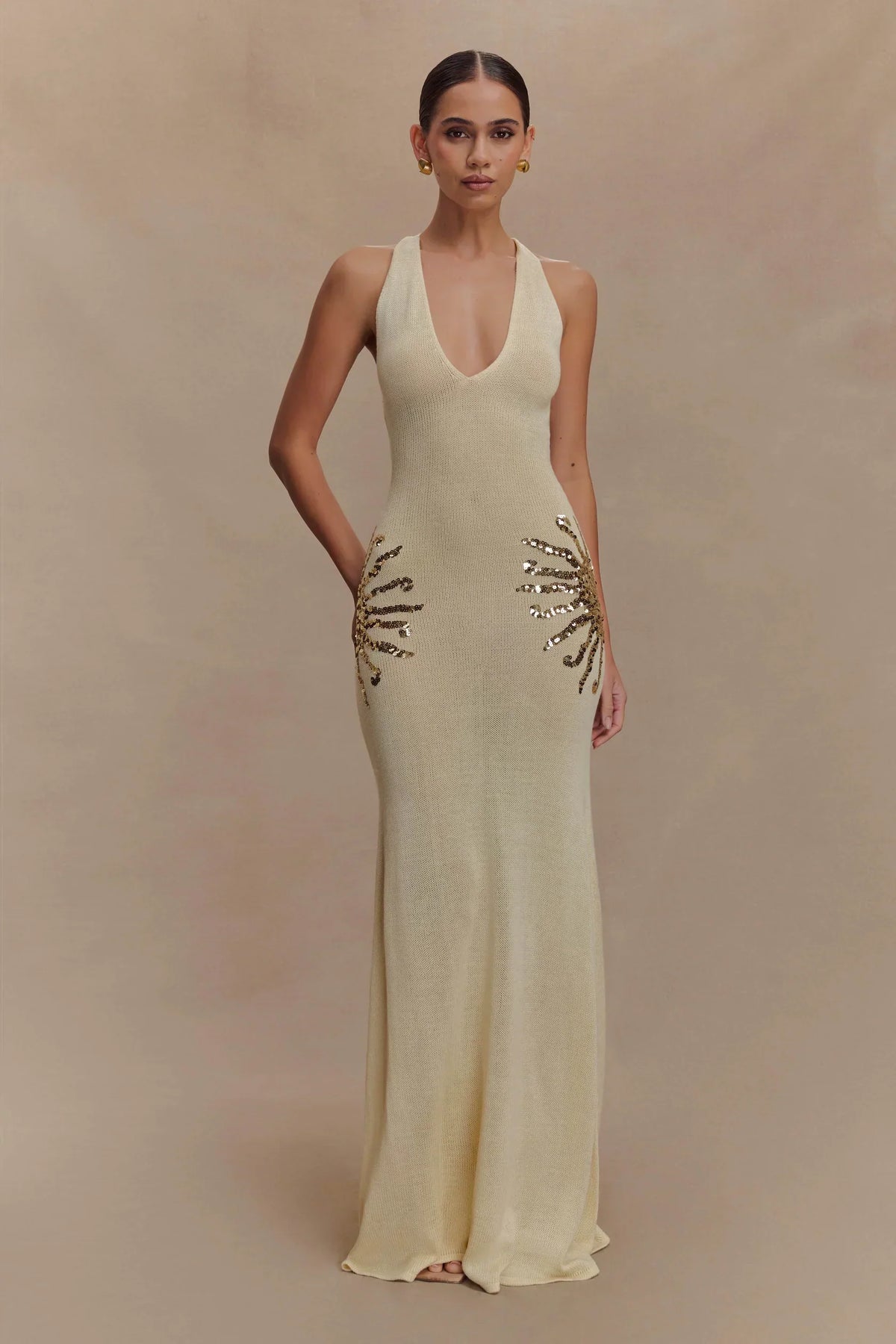 Corinne | Plunging Open-Back Sequin Sunburst Maxi Dress