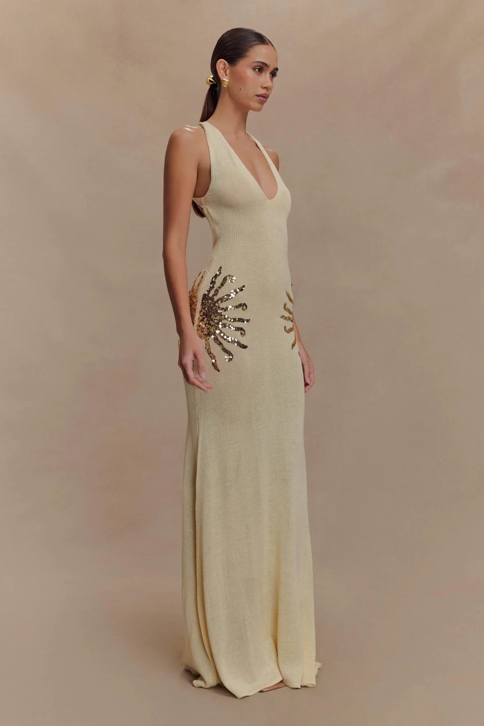 Corinne | Plunging Open-Back Sequin Sunburst Maxi Dress