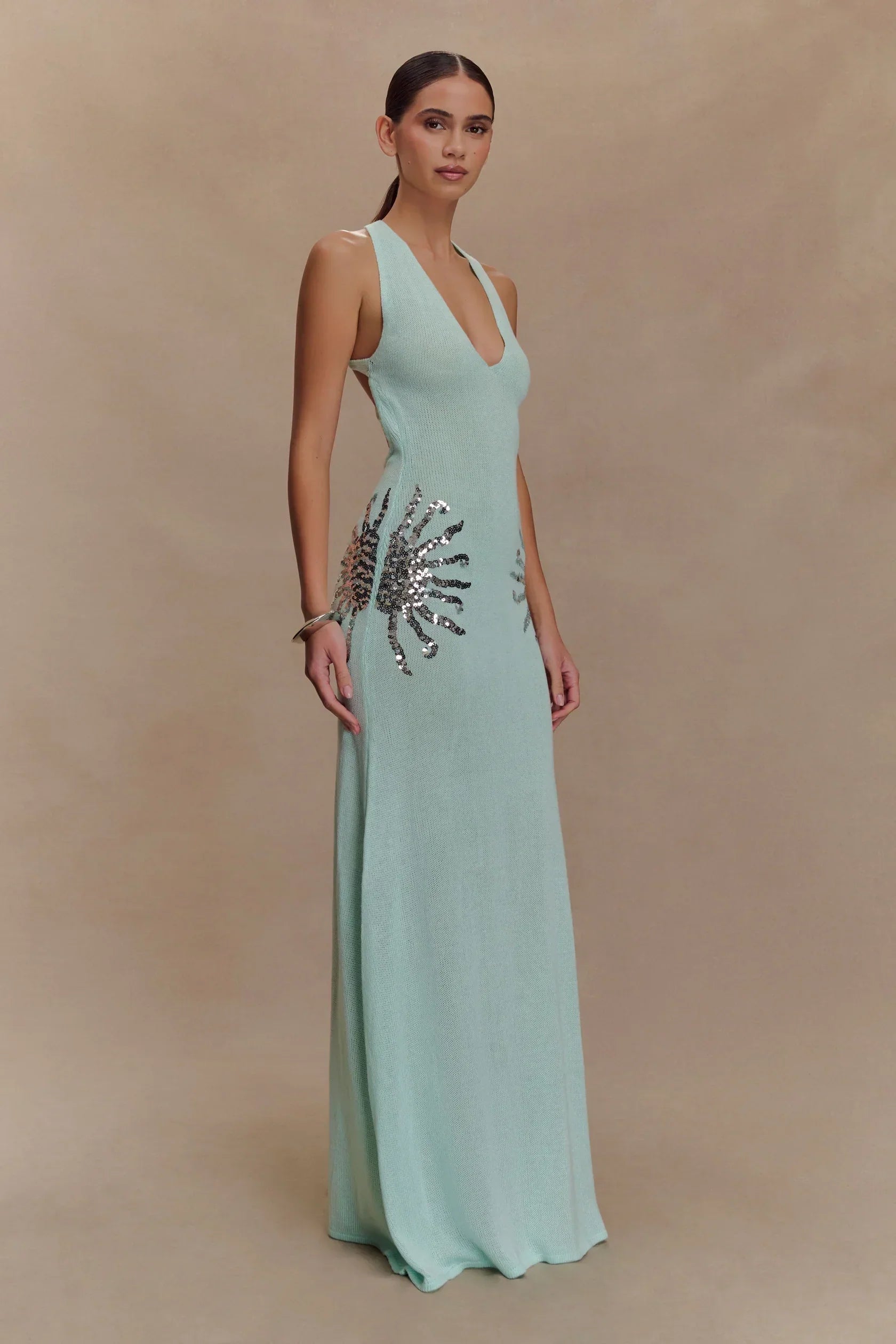 Corinne | Plunging Open-Back Sequin Sunburst Maxi Dress