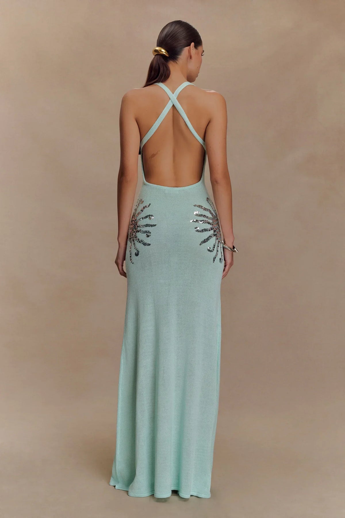 Corinne | Plunging Open-Back Sequin Sunburst Maxi Dress