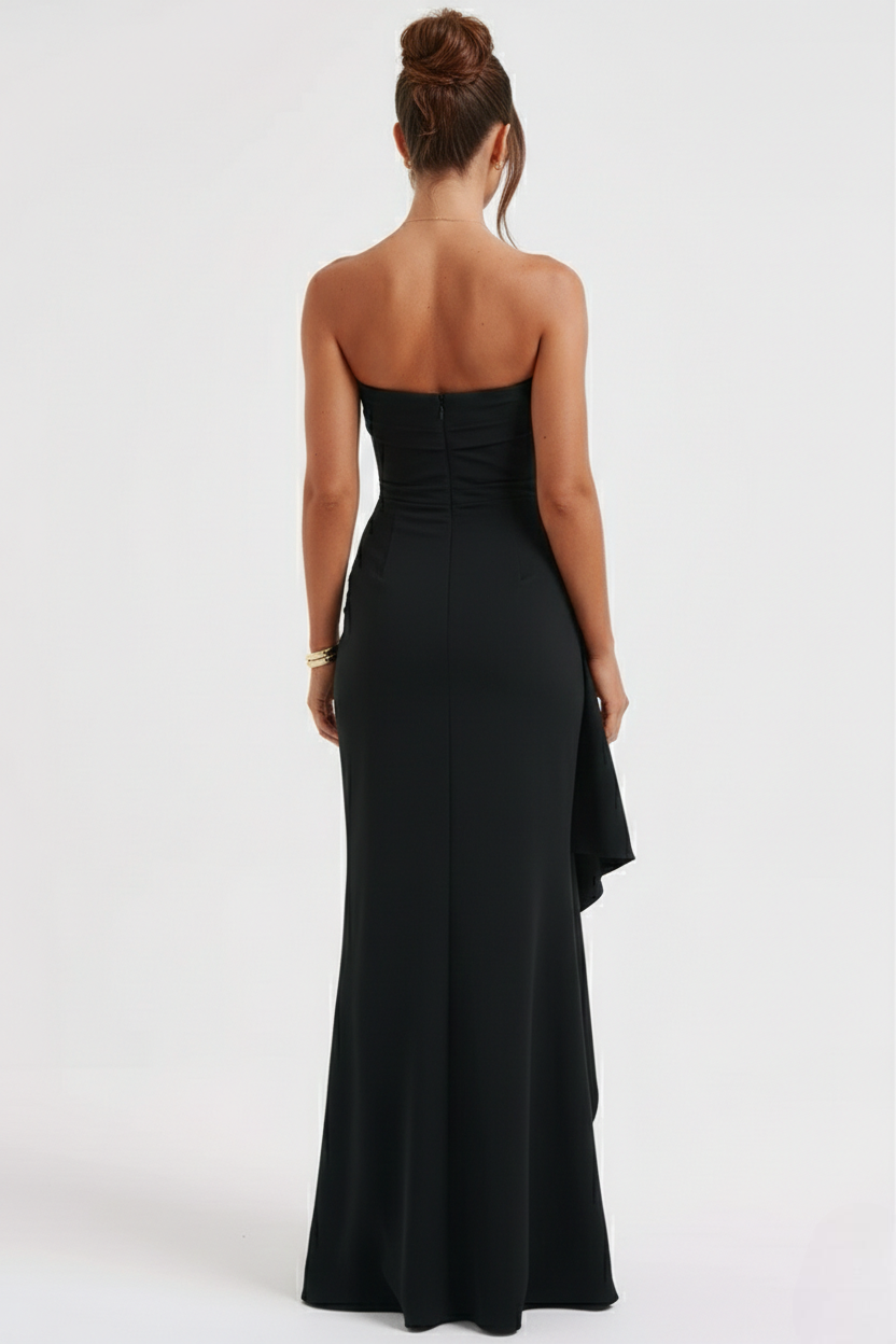 Meadow | Strapless Ruched Crepe Thigh-High Split Maxi Dress