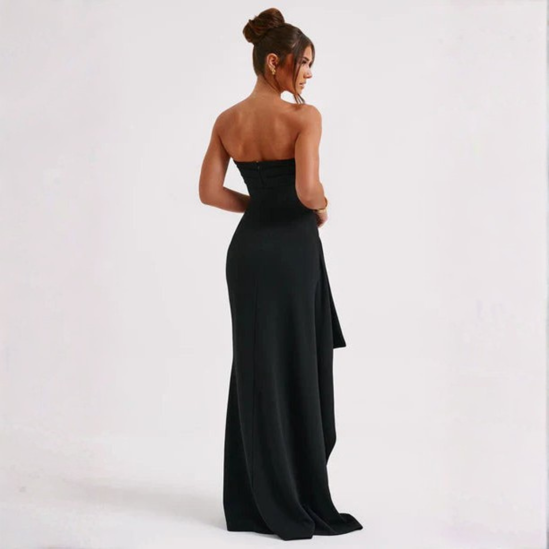 Meadow | Strapless Ruched Crepe Thigh-High Split Maxi Dress