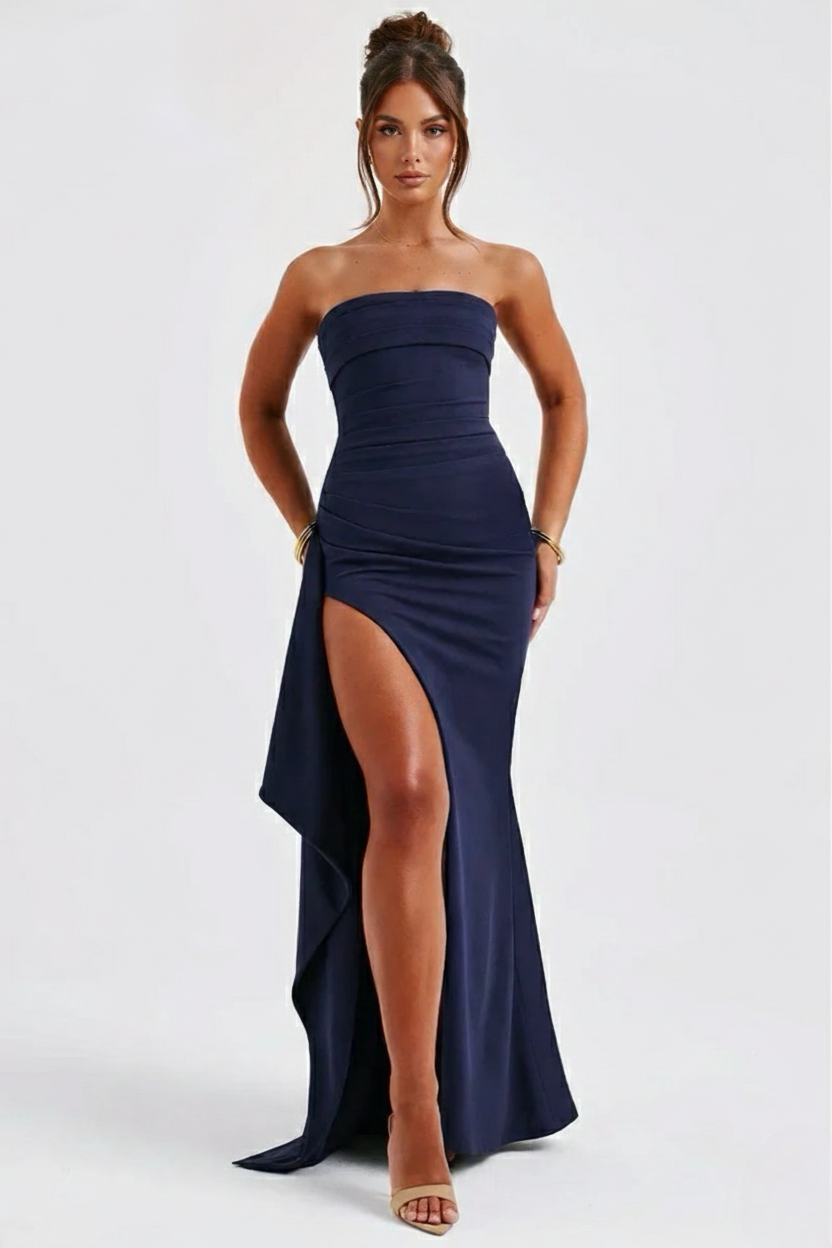 Meadow | Strapless Ruched Crepe Thigh-High Split Maxi Dress