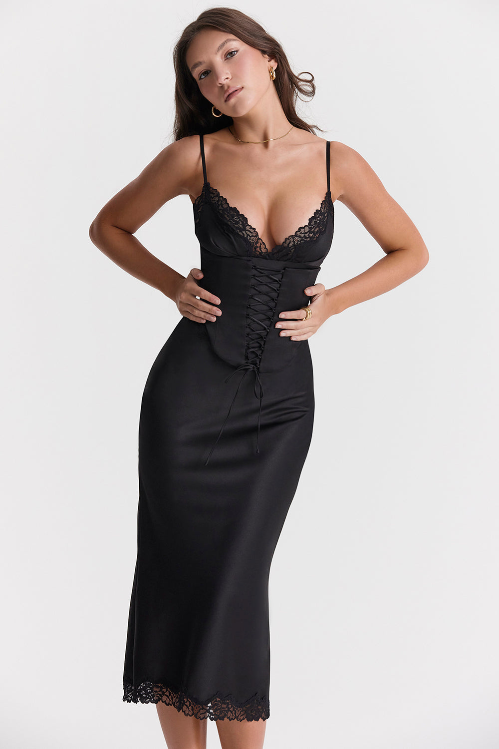 Salma | Black Satin Slip Detachable Corset Midi Dress