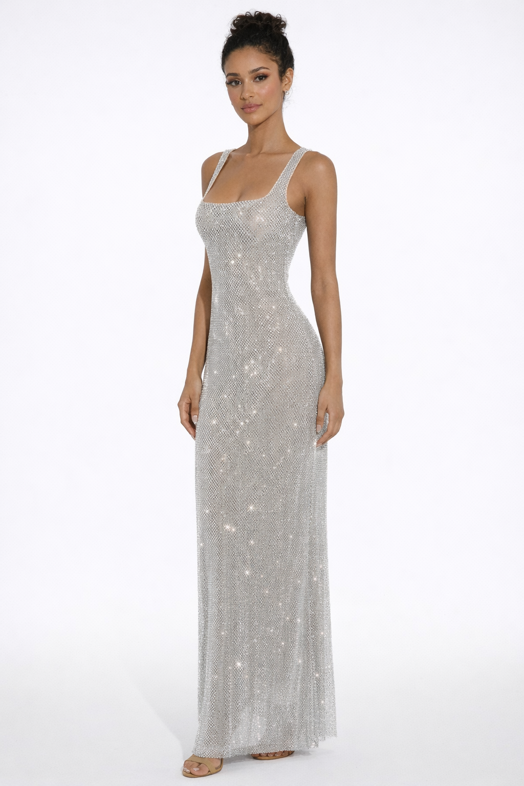 Elara | Sculpted Square Neck Crystal Mesh Maxi Dress