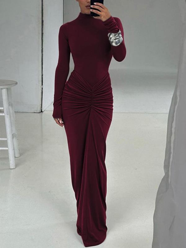 Gilded | Classy Ruched Long Sleeve Mock Neck Maxi Dress