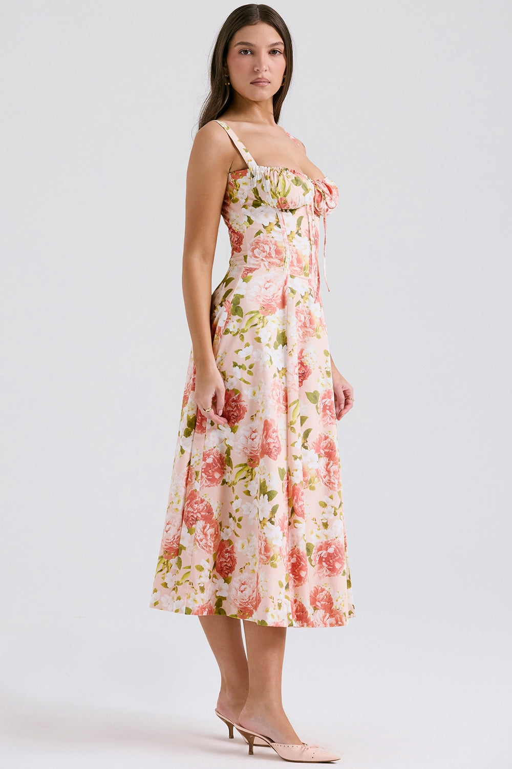Carmen | Pink Peony Lace Up Back Floral Side Split Midi Dress