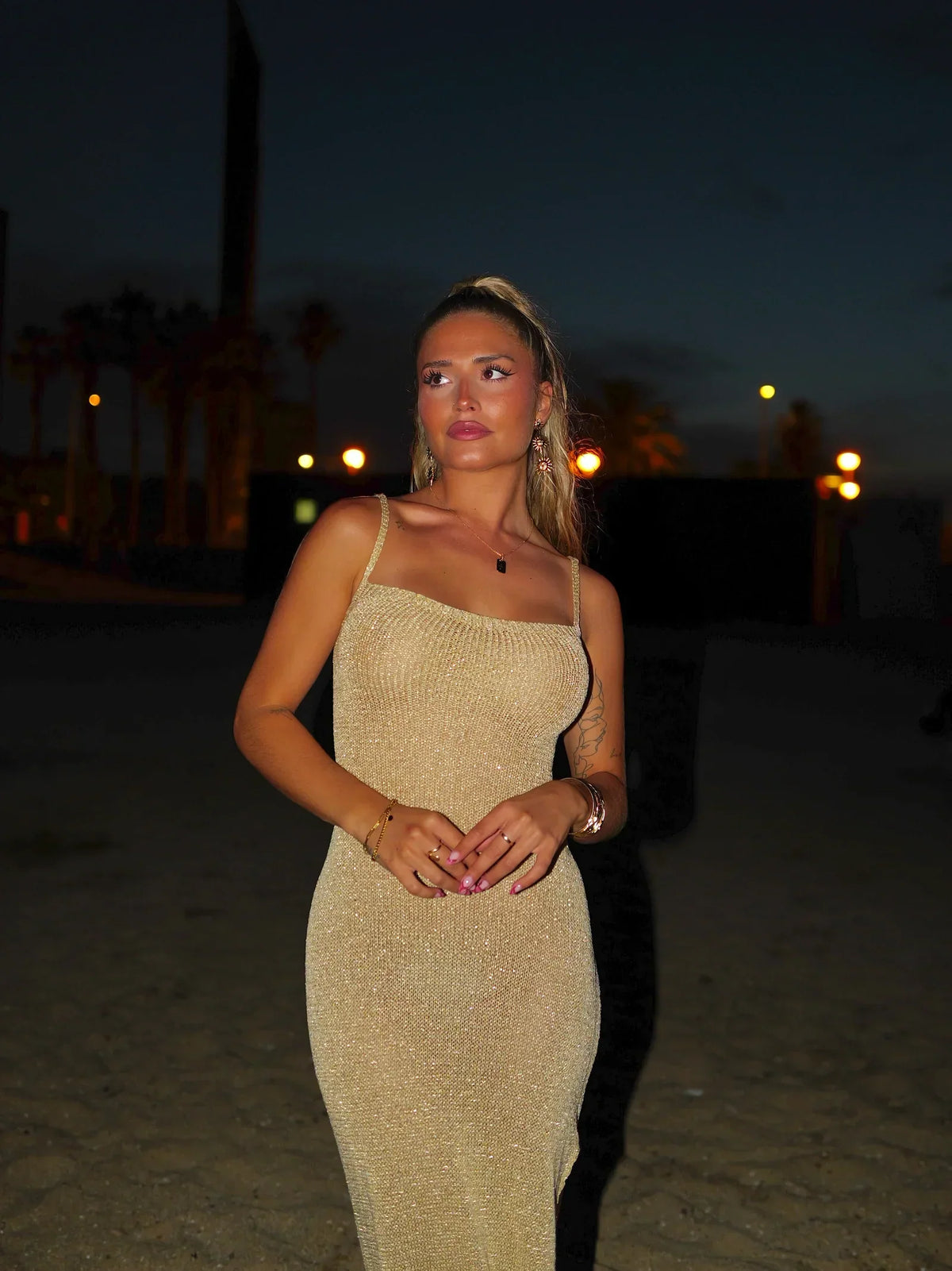 Isolde | Lace-Up Back Metallic Knit Maxi Dress with Thigh-High Slit