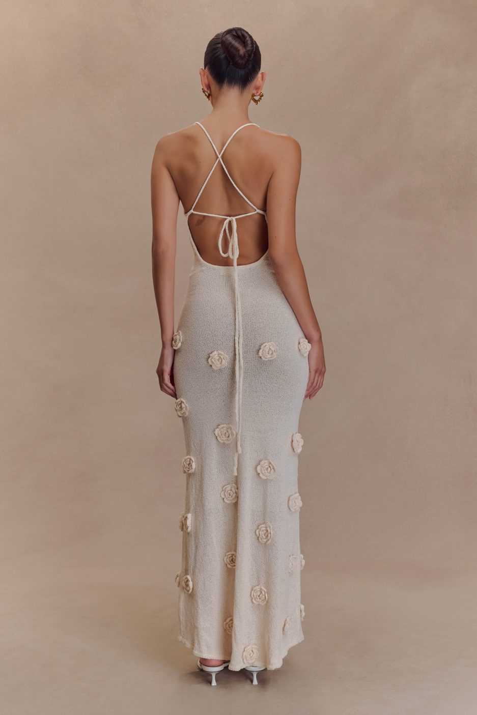 Trice | Lace-Up Open Back V-Neck 3D Floral Knit Maxi Dress