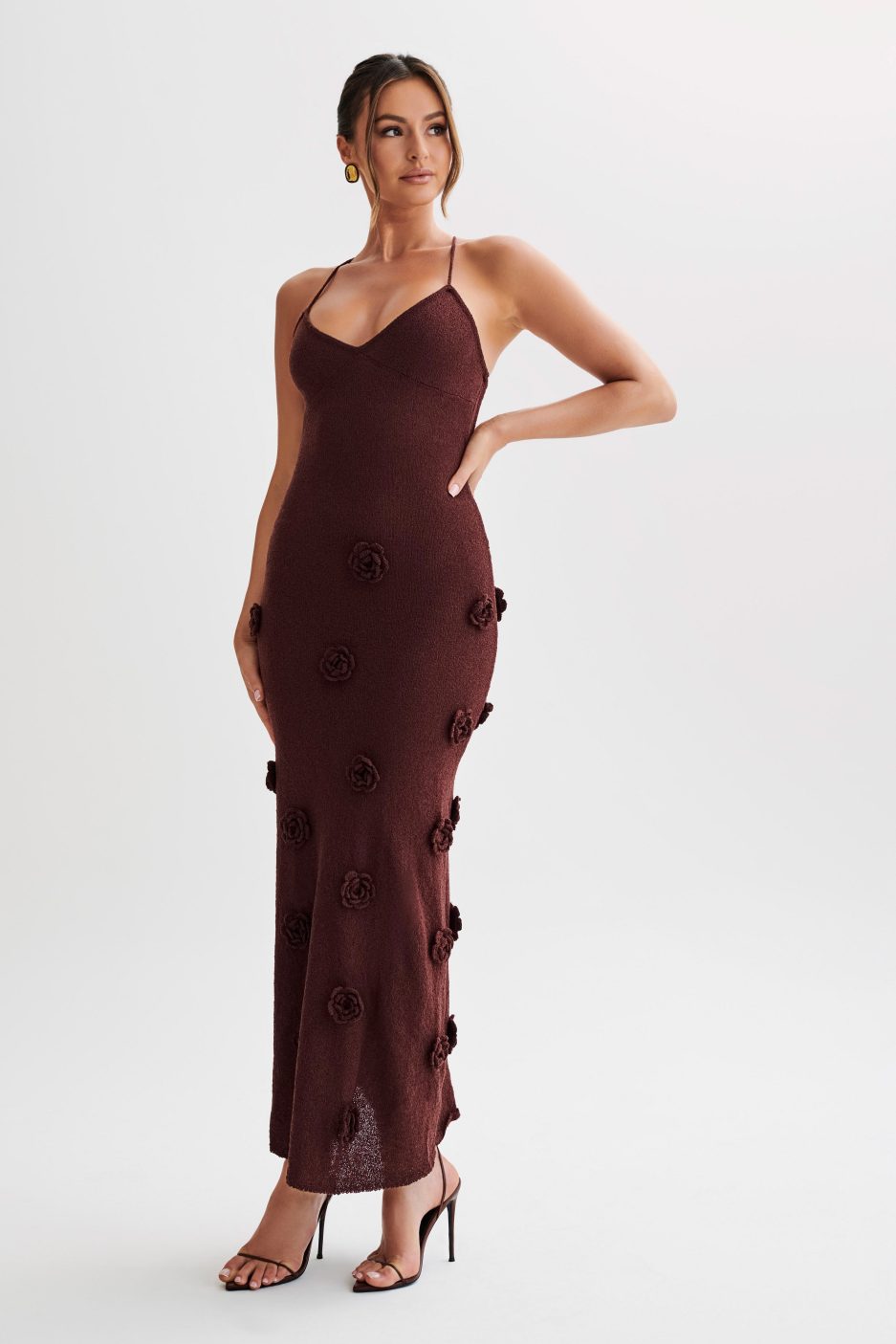 Trice | Lace-Up Open Back V-Neck 3D Floral Knit Maxi Dress