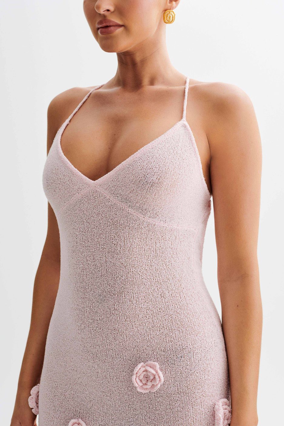 Trice | Lace-Up Open Back V-Neck 3D Floral Knit Maxi Dress