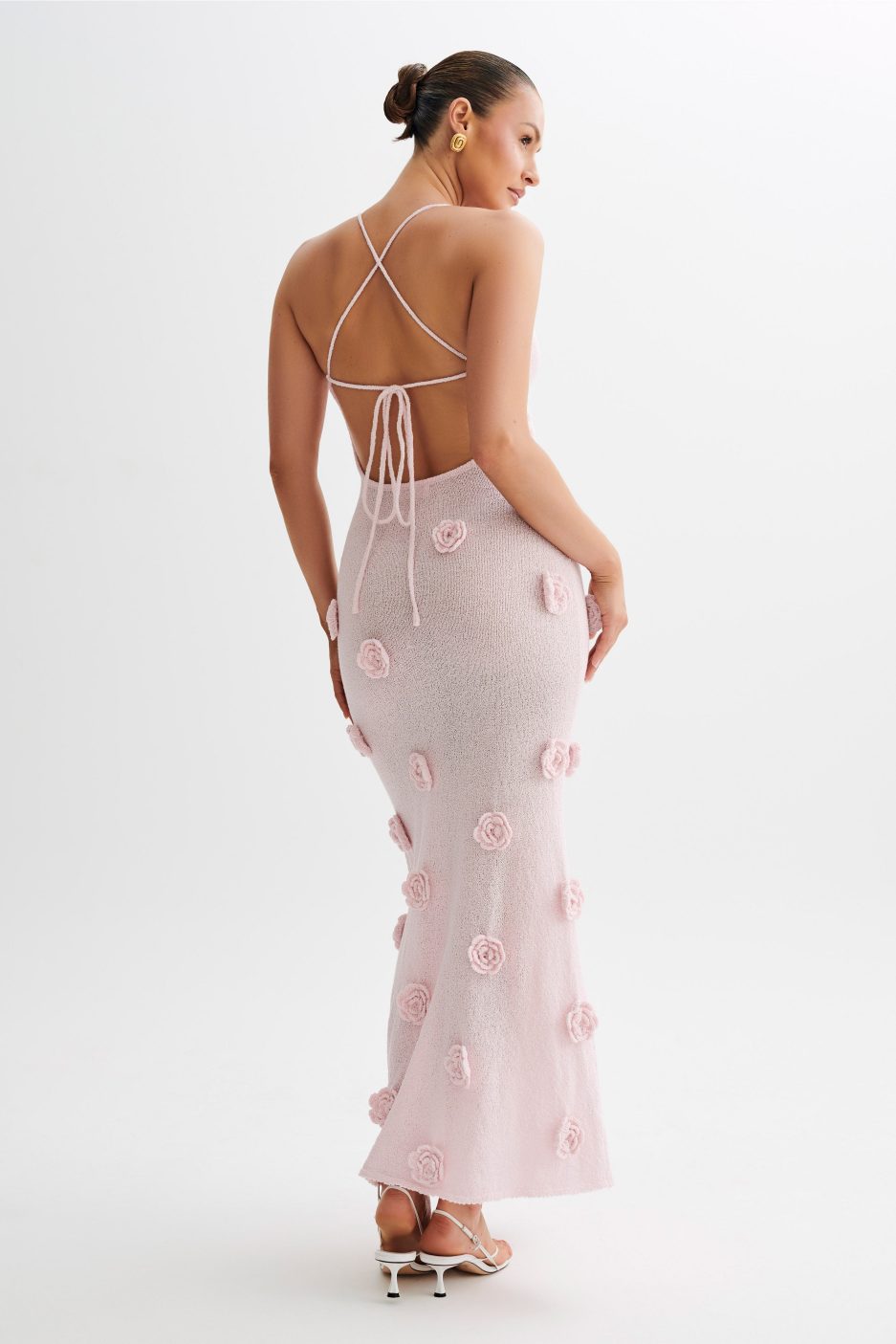 Trice | Lace-Up Open Back V-Neck 3D Floral Knit Maxi Dress