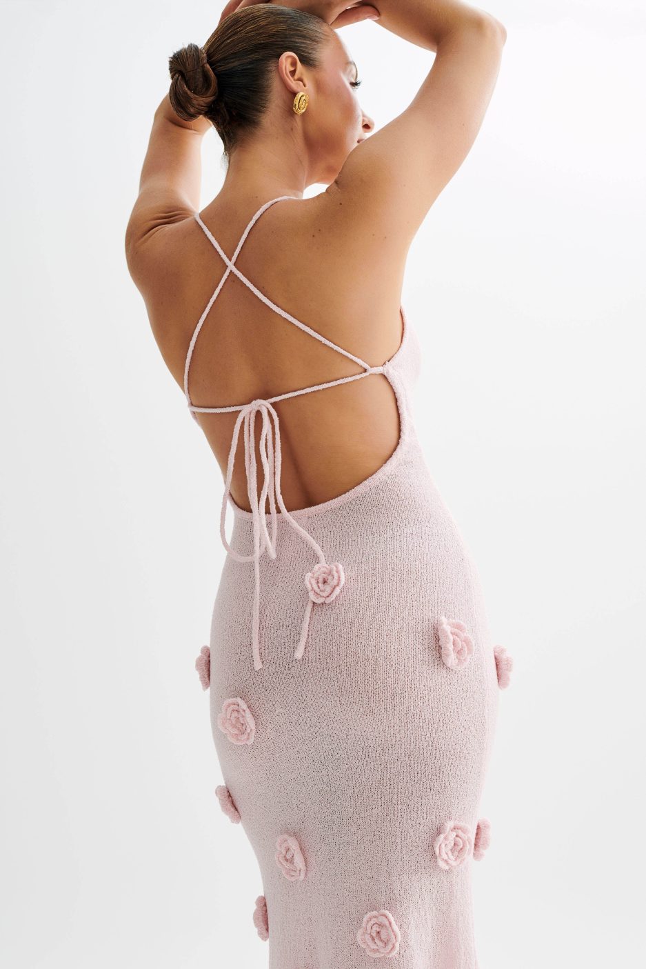 Trice | Lace-Up Open Back V-Neck 3D Floral Knit Maxi Dress