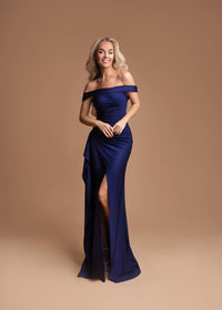 Vivienne off-shoulder satin maxi dress in navy