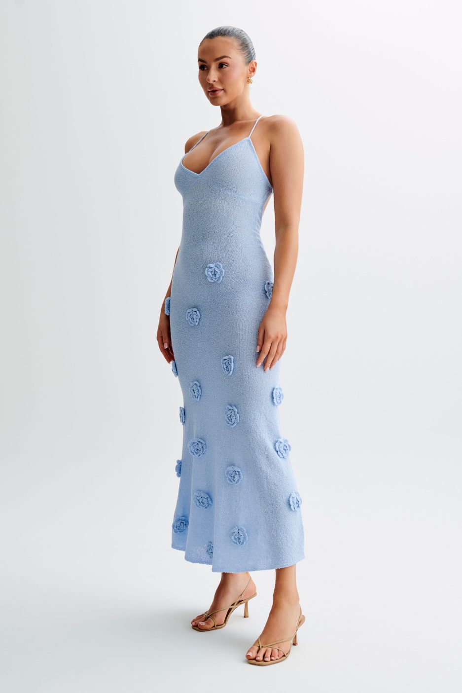 Trice | Lace-Up Open Back V-Neck 3D Floral Knit Maxi Dress
