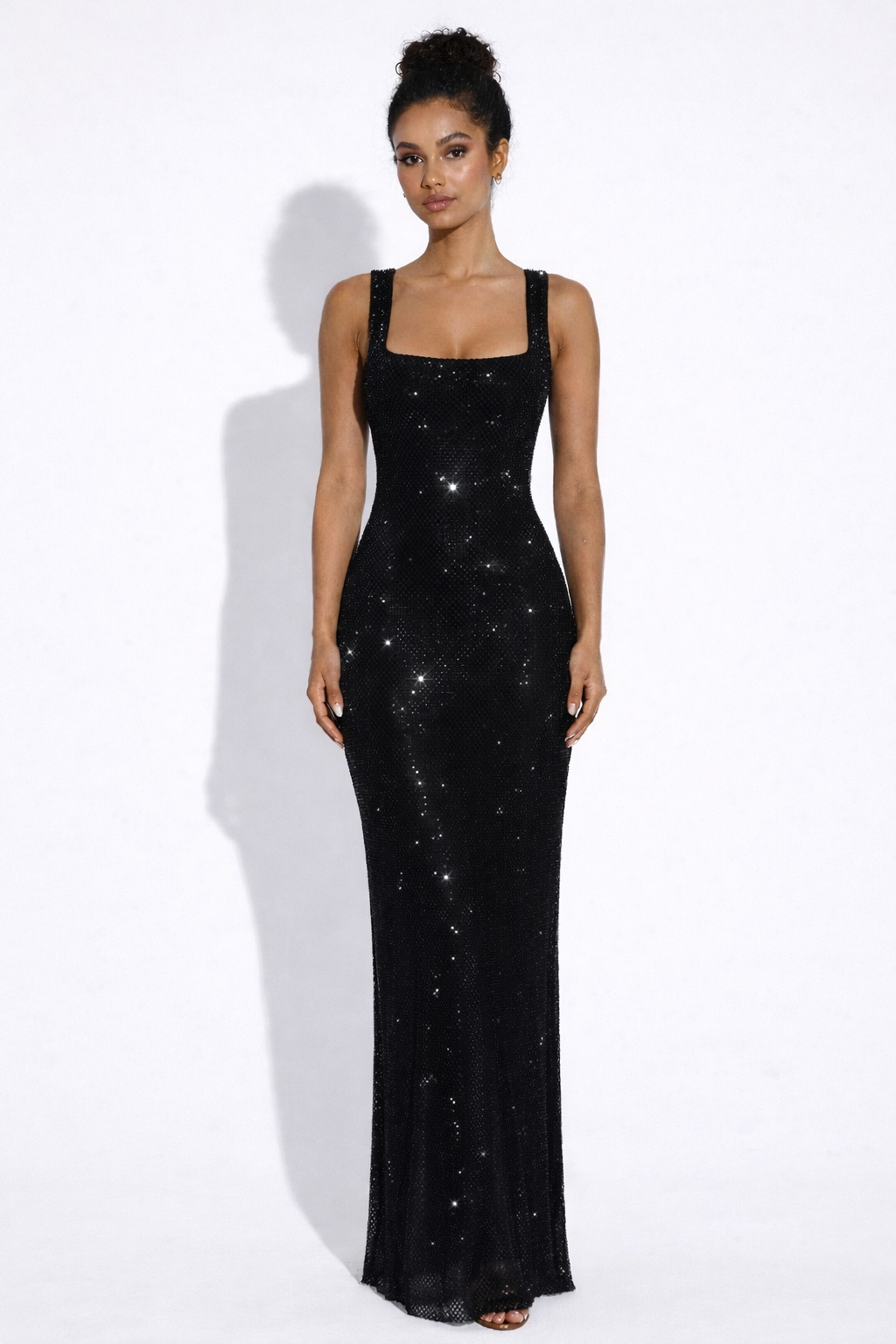 Elara | Sculpted Square Neck Crystal Mesh Maxi Dress