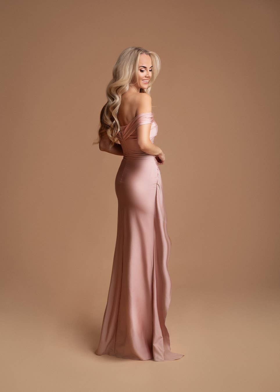 Vivienne off-shoulder satin maxi dress in blush