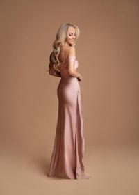 Vivienne off-shoulder satin maxi dress in blush