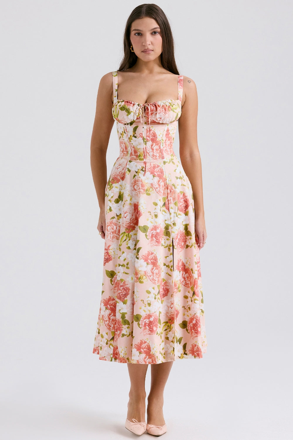 Carmen | Pink Peony Lace Up Back Floral Side Split Midi Dress
