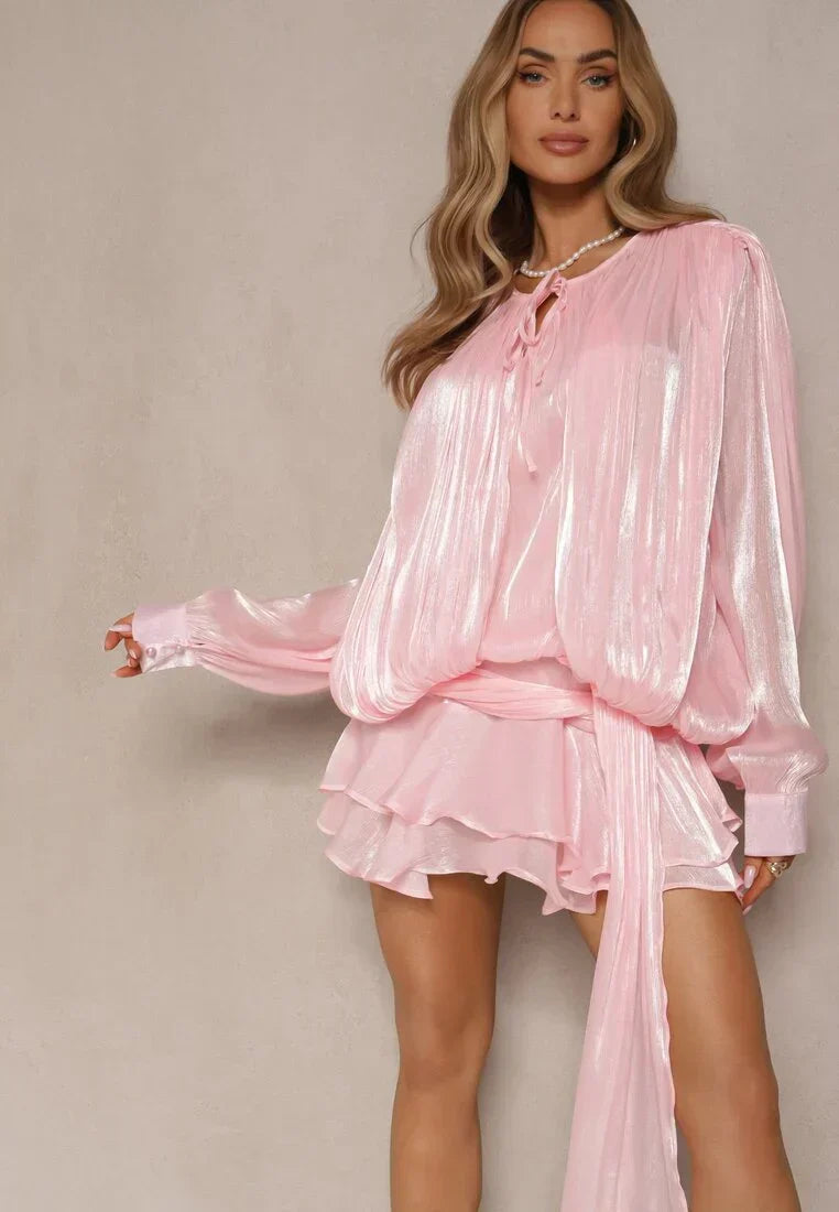 Sol | Long Sleeve Tiered Ruffle Pleated Luster Mini Dress