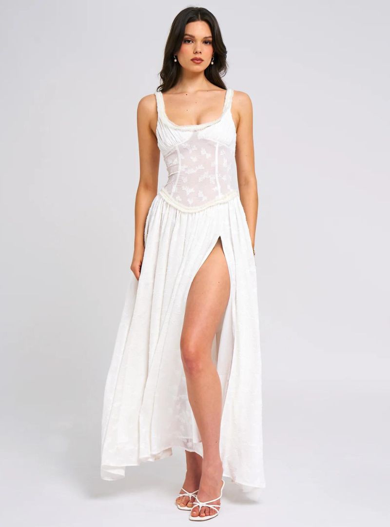 Louisa | Ethereal Floral Ruched Maxi Dress with High Slit