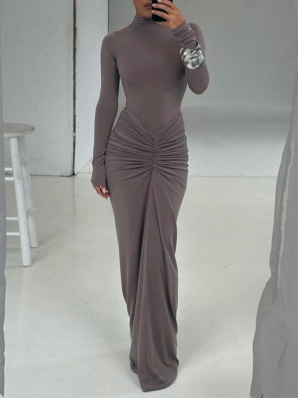 Gilded | Classy Ruched Long Sleeve Mock Neck Maxi Dress