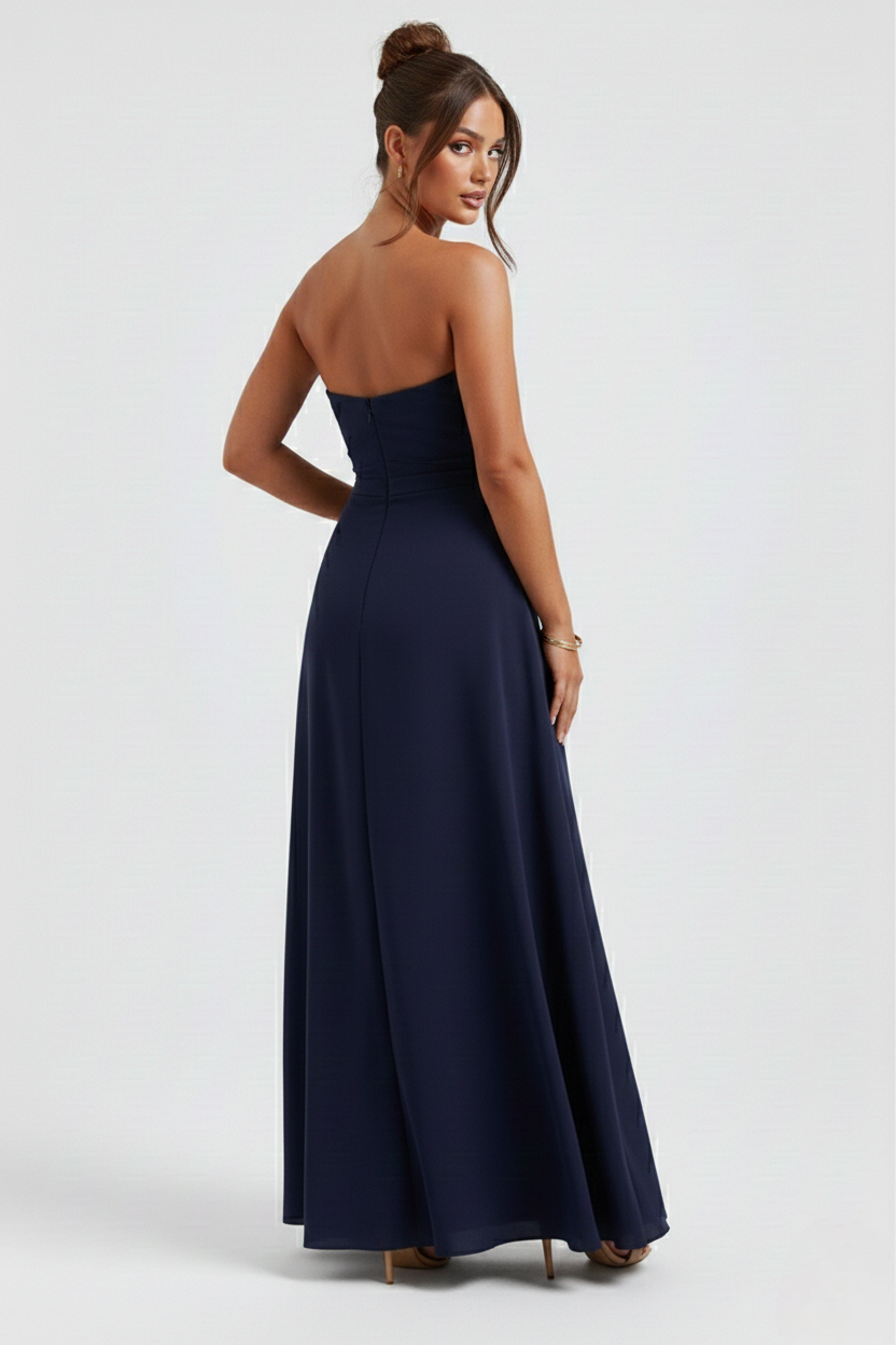 Meadow | Strapless Ruched Crepe Thigh-High Split Maxi Dress