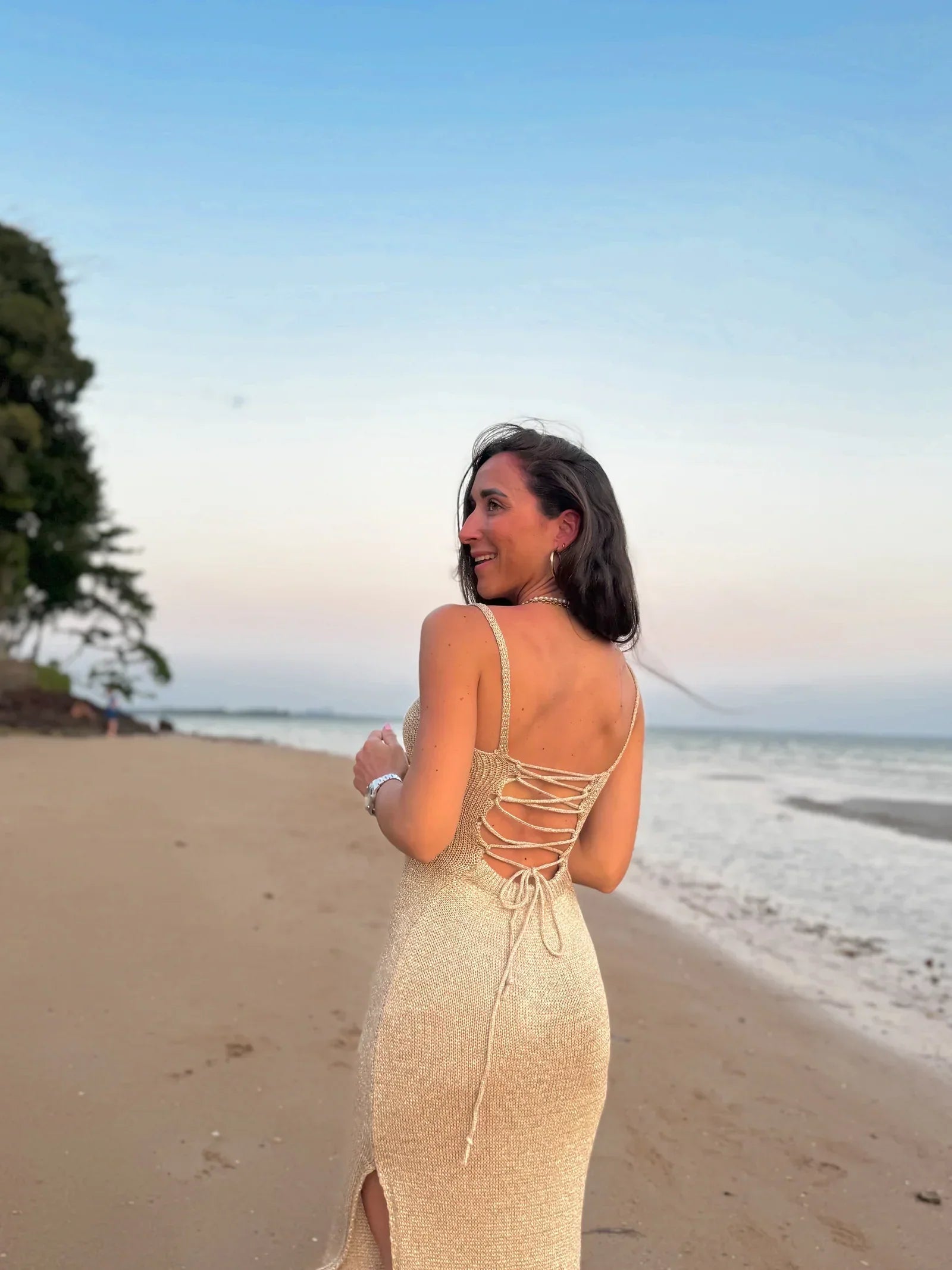 Isolde | Lace-Up Back Metallic Knit Maxi Dress with Thigh-High Slit