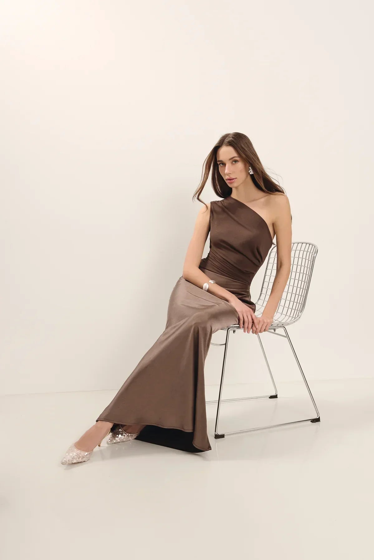 Zondra | Asymmetrical Matte & Shiny Satin Maxi Dress