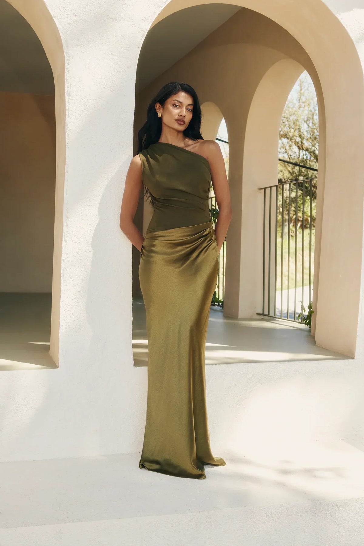 Zondra | Asymmetrical Matte & Shiny Satin Maxi Dress