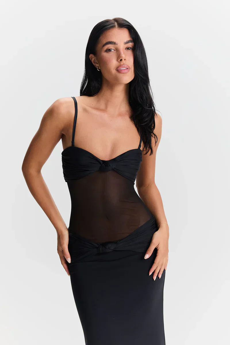 Eleina | Twist-Knot Mesh Panel Maxi Dress