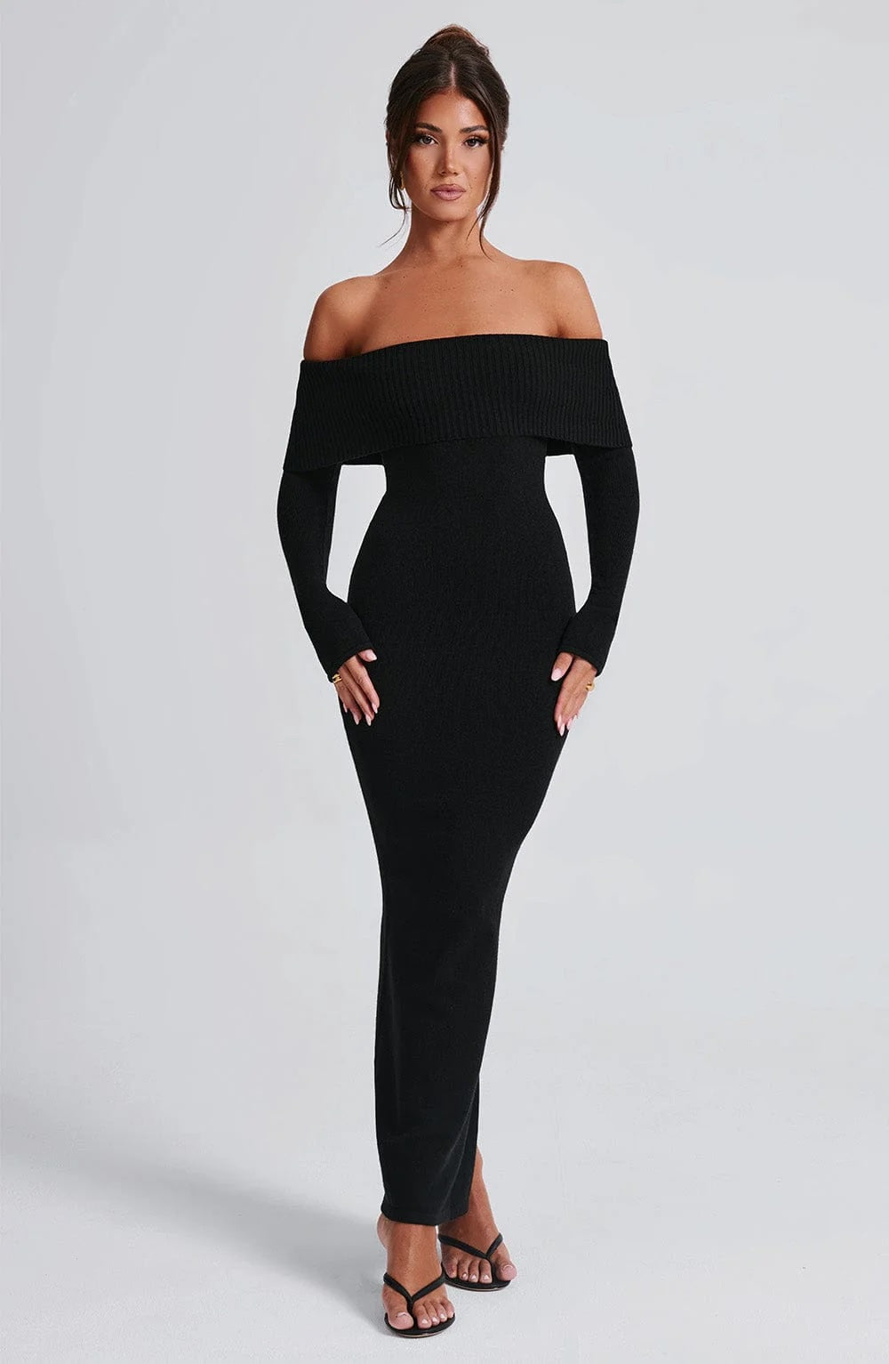 Angel | Off-Shoulder Black Maxi Dress – Premium Sculpting Knitted Gown