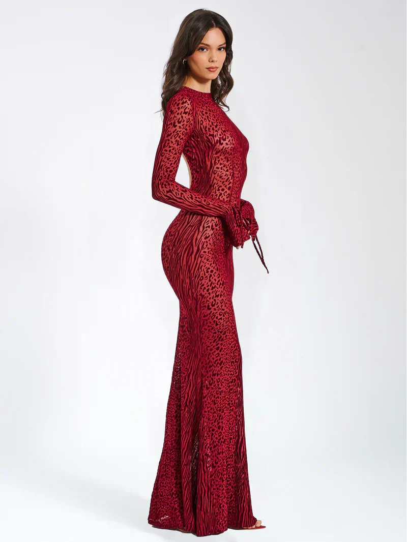 Lariza | Animal Print Semi-Sheer Sculpted Print Mesh Maxi