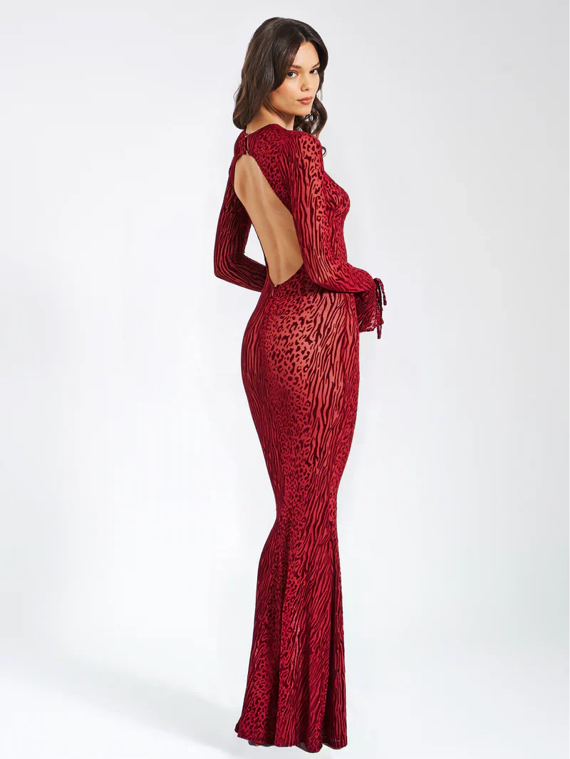 Lariza | Animal Print Semi-Sheer Sculpted Print Mesh Maxi