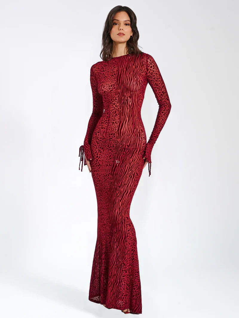 Lariza | Animal Print Semi-Sheer Sculpted Print Mesh Maxi