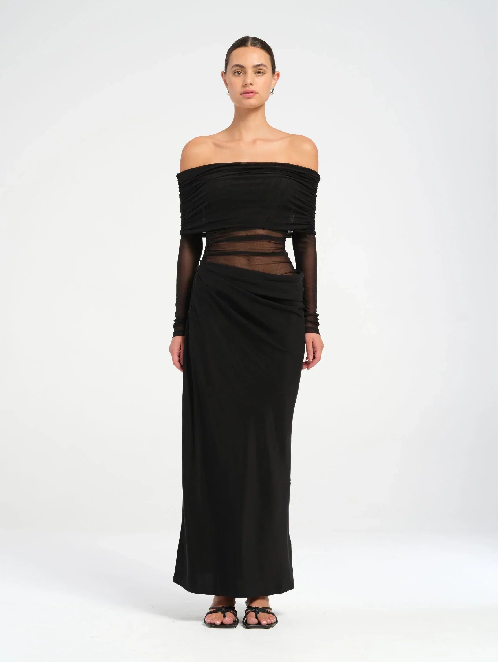 Alice | Sheer Mesh Bodice Off-Shoulder Cowl Maxi Dress