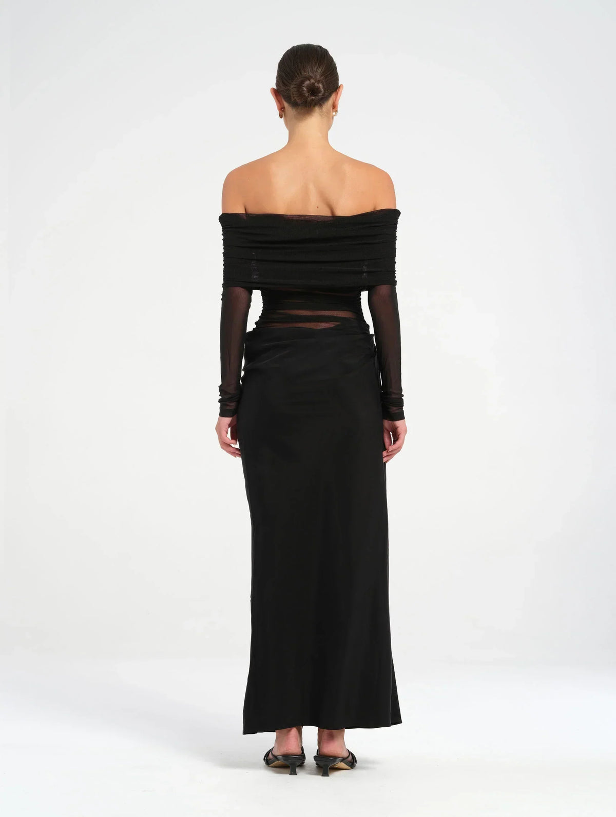 Alice | Sheer Mesh Bodice Off-Shoulder Cowl Maxi Dress