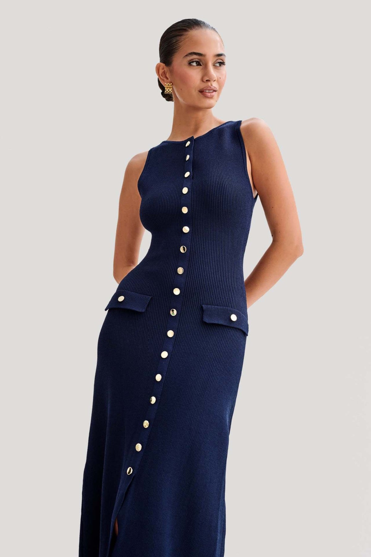 Gabriella | Sleeveless Ribbed Button-Down Maxi Dress