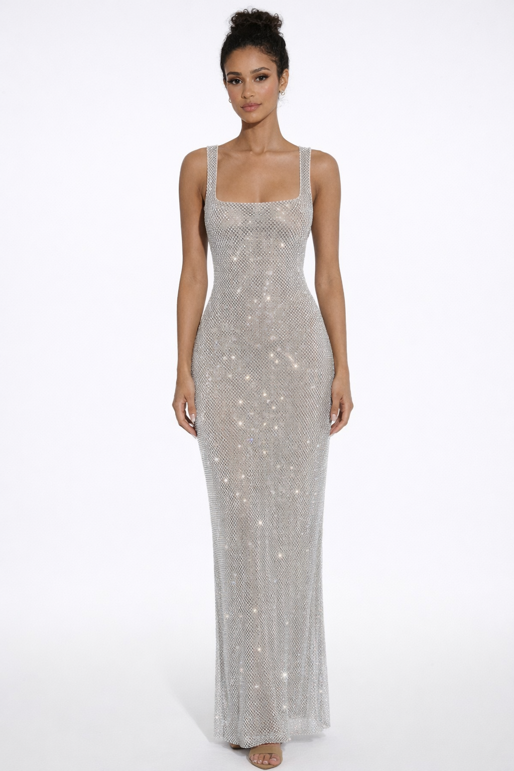 Elara | Sculpted Square Neck Crystal Mesh Maxi Dress