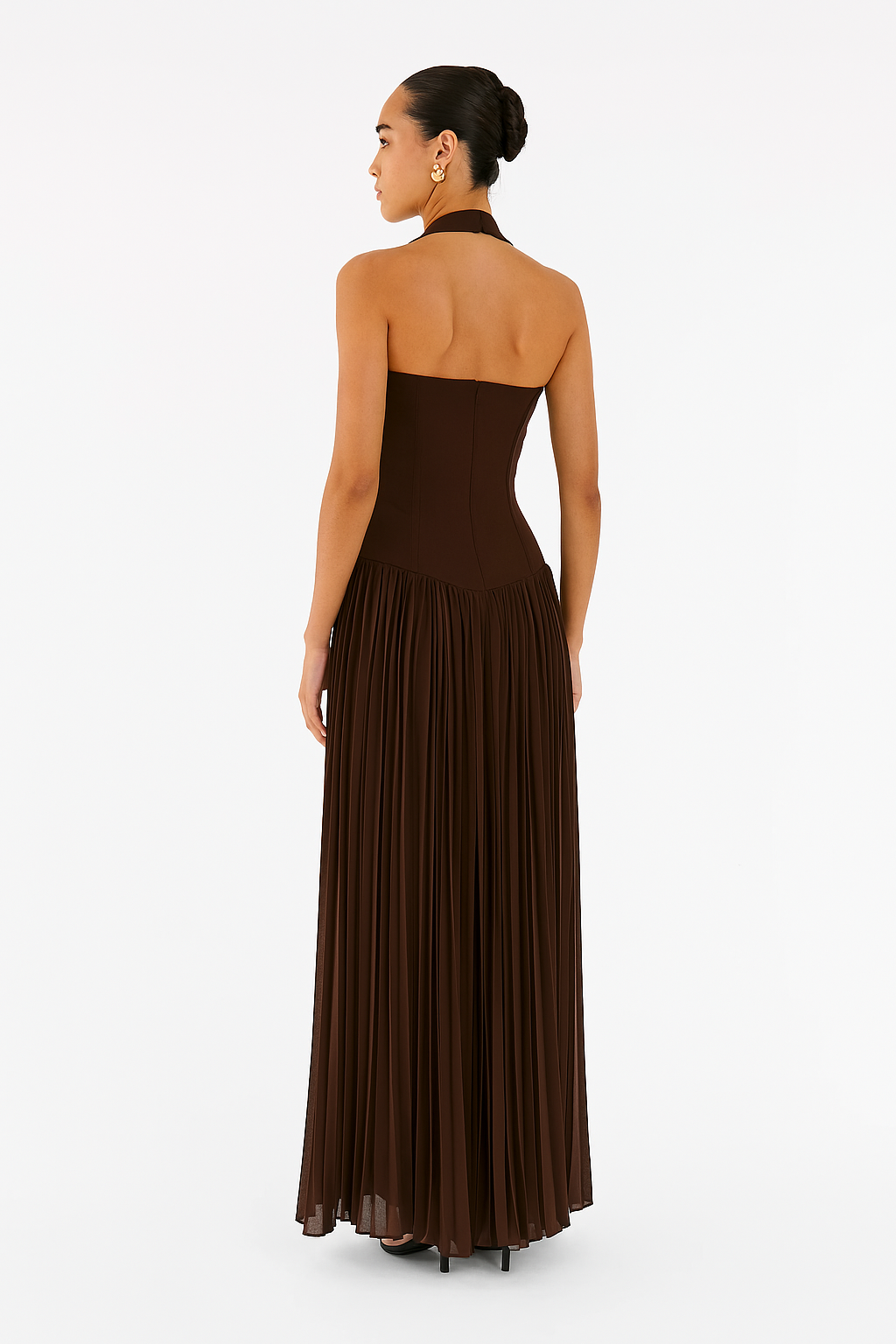 Stacy | Structured Bodice Elegant Halterneck Pleated Maxi Dress