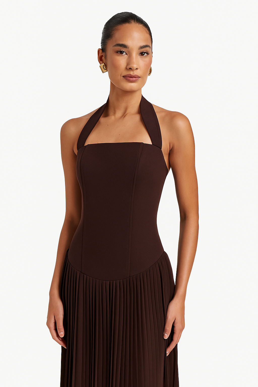 Stacy | Structured Bodice Elegant Halterneck Pleated Maxi Dress