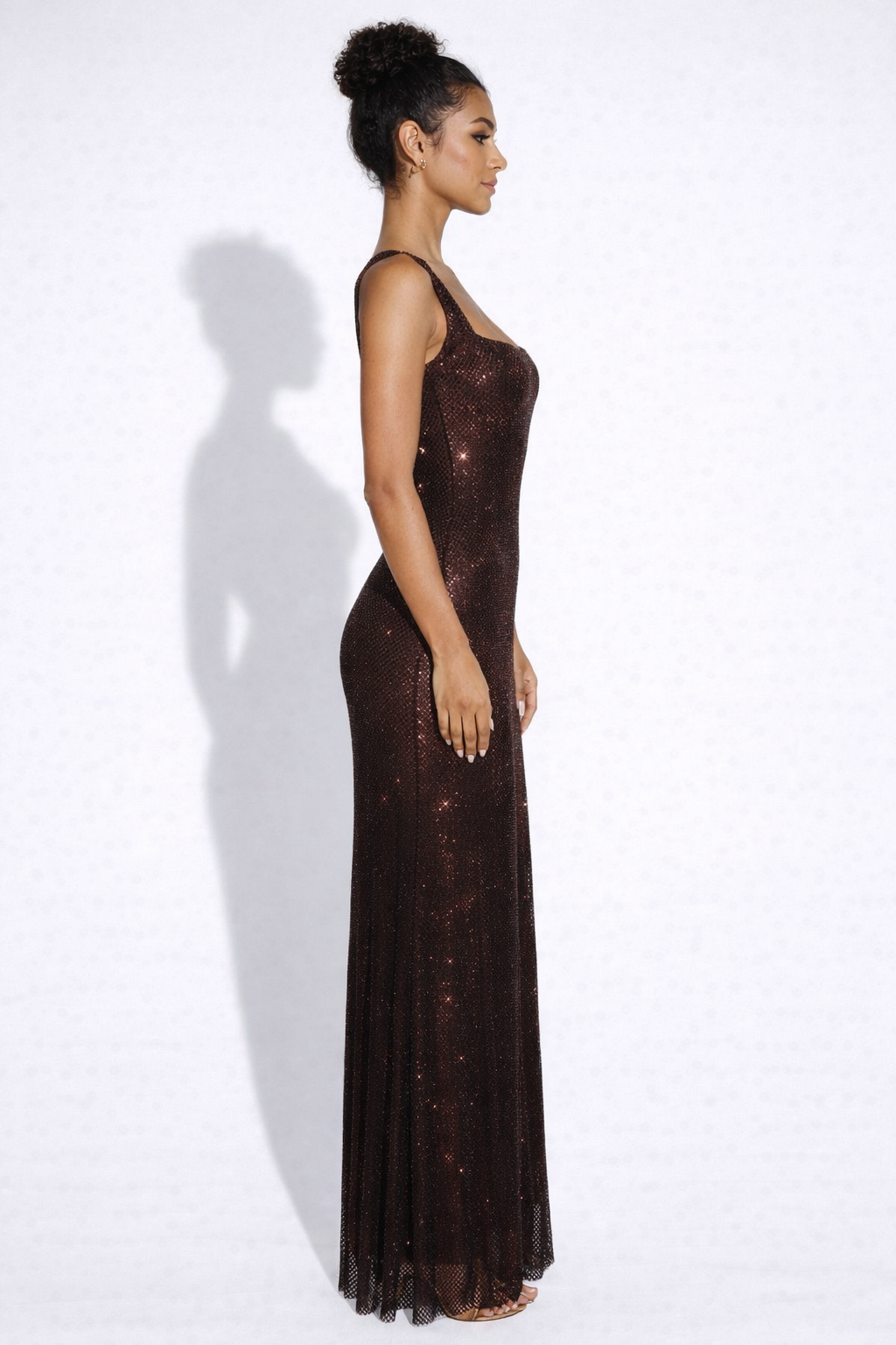 Elara | Sculpted Square Neck Crystal Mesh Maxi Dress